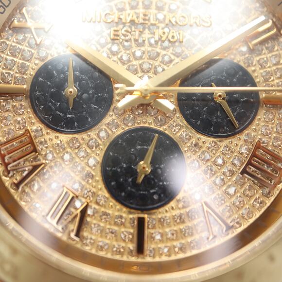 Michael Kors Layton Glitz Gold Black Chronograph 44mm Watch Blue Leather Strap - Picture 8 of 15